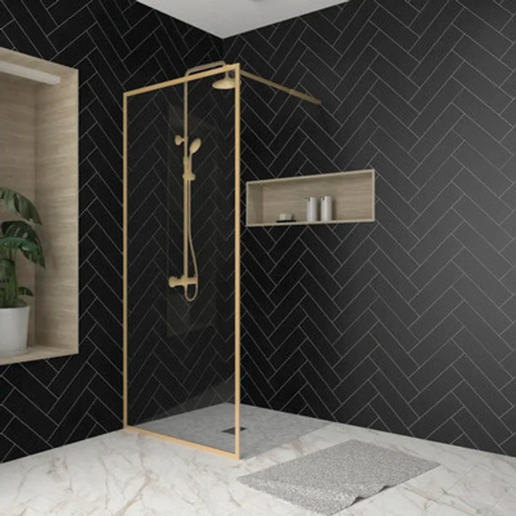 AURLANE FAC730, Gerahmte Duschabtrennung aus 6 mm Einscheibensicherheitsglas mit gebürstetem Gold-Finish, 900 mm x 2100 mm, inkl. Stabilisationsbügel