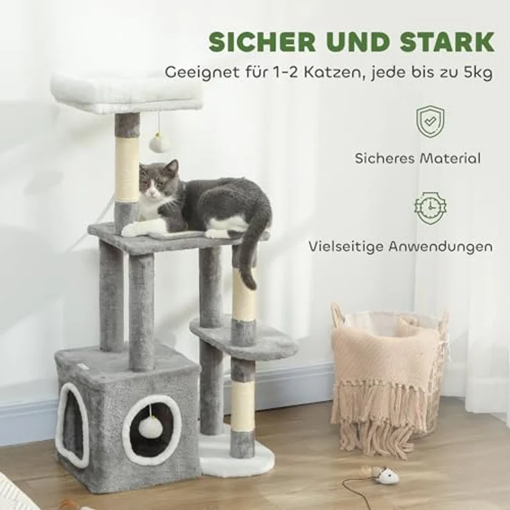 PawHut Kratzbaum 107 cm, mehrstöckiger Katzenturm mit Höhle, 2 Plüschballen, Sisalstämme, große Plattform, für Katzen bis 5 kg, Grau – Bild 5