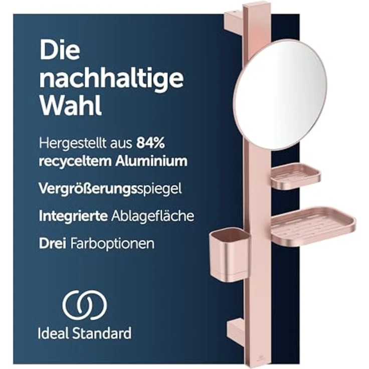 Ideal Standard Beauty Kosmetikspiegel-Set Bar S700, höhenverstellbar mit großem Spiegel Ø 205 mm und Ablagen, Rosé – Bild 2