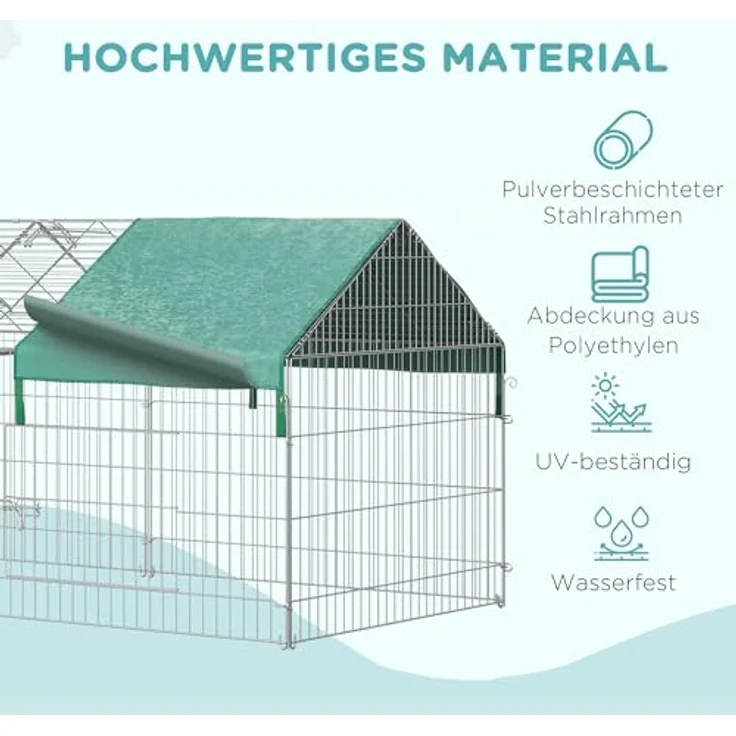 PawHut Freigehege, Kleintiergehege, Meerschweinchen Gehege, Laufgitter mit Abdeckung, Außengehege, Kleintiergehege für Kleintiere, Stahl, 220 x 103 x 103 cm, Grün – Bild 4