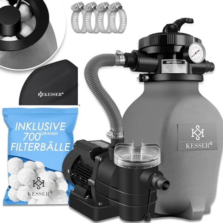 KESSER Sandfilteranlage Sandfilter + 700g Filterbälle ersetzen 25kg Filtersand 7-Wege Ventil mit Druckanzeige Poolfilter 10 m³-h Filteranlage Filterkessel für Pool Schwimmbecken 10.200 L-h Grau – Bild 2