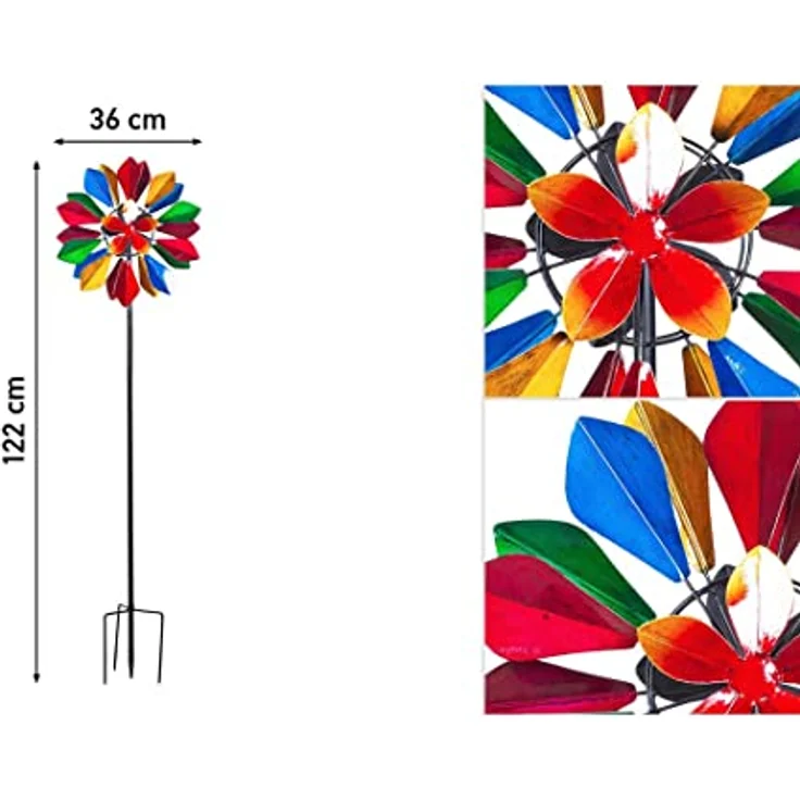 Kinetic Art Windspiel Metall Windrad Multi-Colored Flower, kugelgelagert mit Bodenanker, wetterfest und wartungsfrei, ideal für Terrasse und Garten – Bild 2