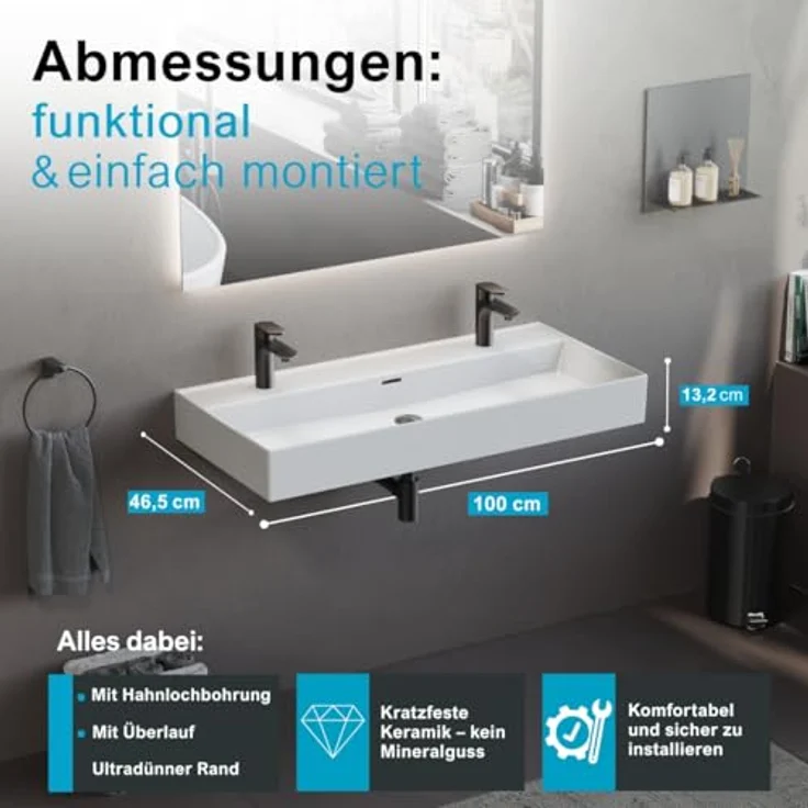 Aqua Bagno Loft Air 100 Doppelwaschbecken 100cm weiß eckig Wandmontage Aufsatzwaschtisch – Bild 3