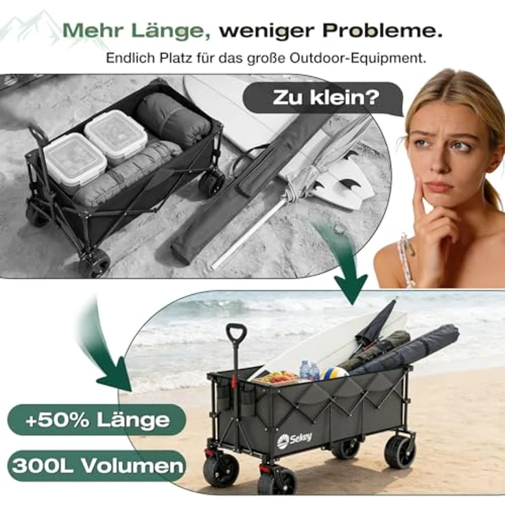 Sekey XXXL Bollerwagen, faltbar mit 300L Fassungsvermögen, 200KG belastbar, verlängerter Handwagen mit 17x10 cm All-Terrain-Rädern, patentierter 4-Wege-Sofortaufbau, wasserabweisende Wanne, anthrazit – Bild 3