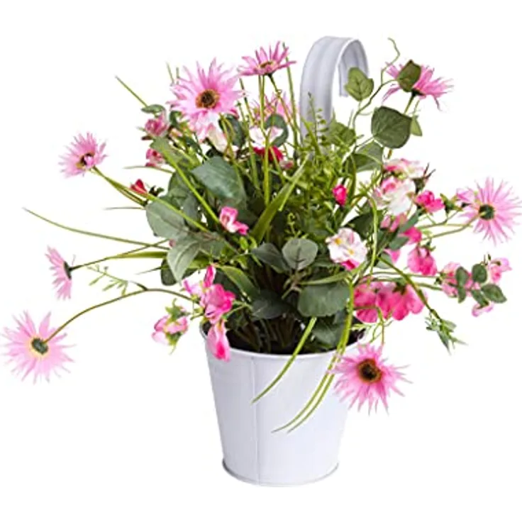 Botanic-Haus künstliches Sommerblumen Arrangement (Blumenbouquet) im weißen Metallhängetopf (Creme-pink)