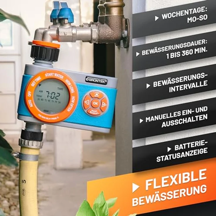 GRÜNTEK Digitale Bewässerungssteuerung, Flexibler Bewässerungscomputer mit Digitalanzeige, Timer von 1 bis 360 Minuten, wocheweise programmierbar – Bild 3