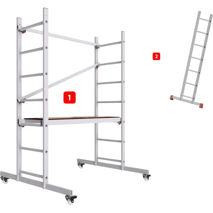 ALTEC Aluminium Fahrgerüst ALTEC AluCombine 1.0, Leiterngerüst mit Traverse, 4 Laufrollen, maximale Arbeitshöhe 7 Meter, made in Germany, 3m Arbeitshöhe, wetterfeste Holz-Siebdruckplatte, geeignet für Handwerker