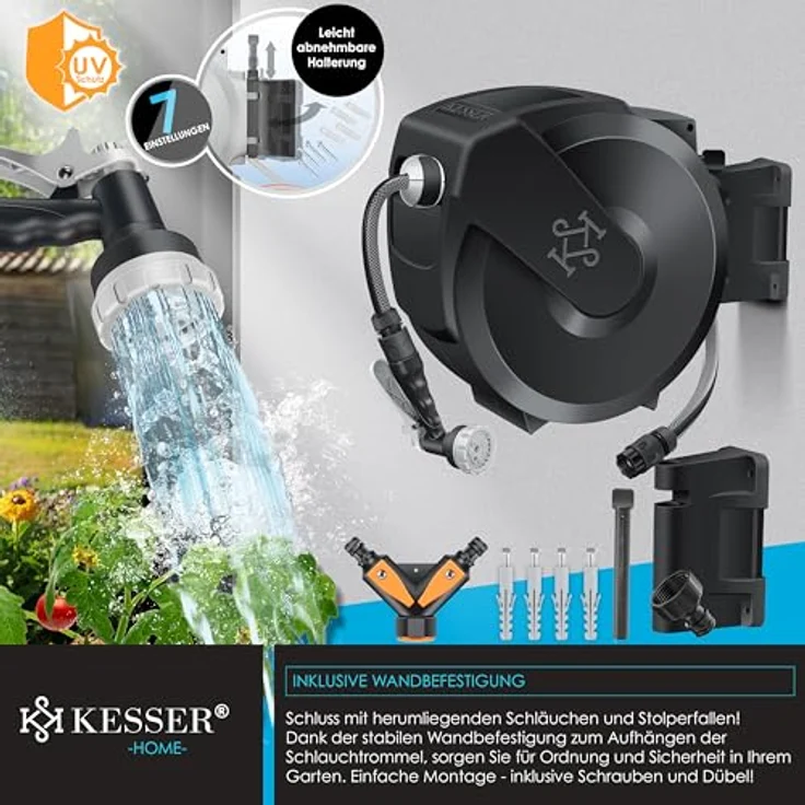 KESSER® Schlauchtrommel 20m mit Wandhalterung, 180° schwenkbar, automatische Aufrollung & 7-Funktionen Handbrause – Bild 3