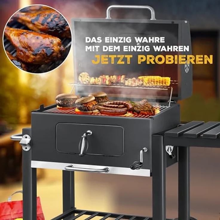 KESSER® Grill Grillwagen XL Holzkohlegrill mit Deckel, Rädern, Edelstahl-Griff, Grillrost, Bürste, Abdeckhaube und Thermometer Holzkohle kohlegrill Wagen groß Kohle BBQ Barbeque Camping, Garten – Bild 2