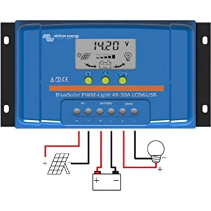 Victron Energy BlueSolar PWM-LCD&USB 48-Volt 20A Laderegler mit LCD-Anzeige und USB-Ausgängen, blau – Bild 3