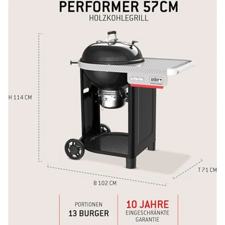 Weber Performer 57 cm Holzkohlegrill, porzellanemaillierter Deckel und Kessel, Seitentisch, One-Touch-Reinigungssystem, Deckelthermometer, Schwarz – Bild 5