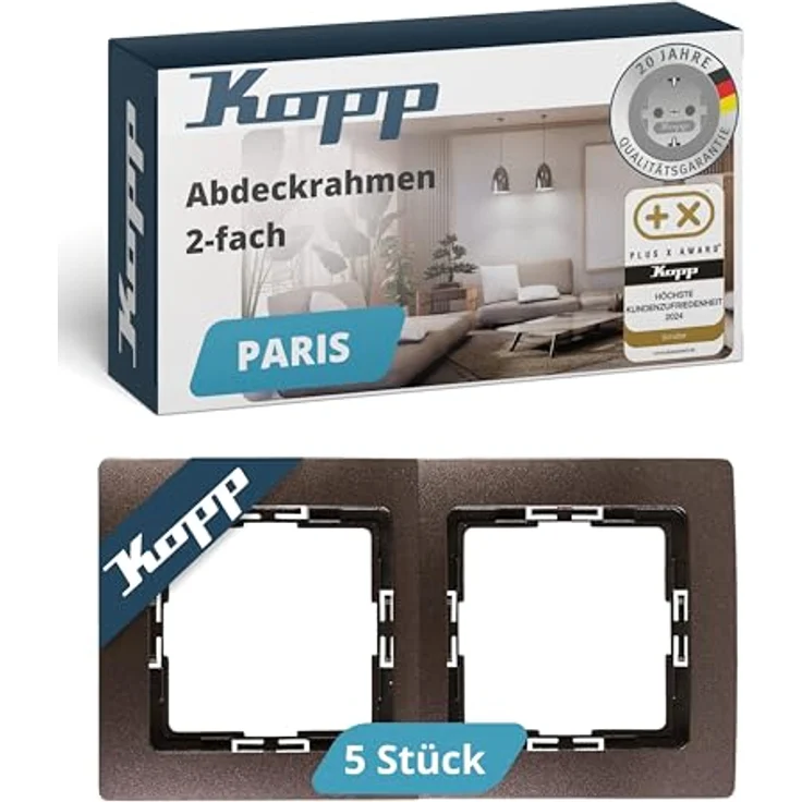 Kopp PARIS 2-fach Abdeckrahmen, Palisander-Braun, 5 Stück, 8,3 x 15,4 cm, flexibel montierbar für Steckdosen & Schalter – Bild 1
