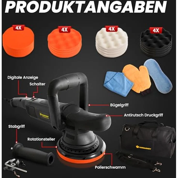 Duke-Handel Exzenter-Poliermaschine 810 W, 15mm Hub, 4800 max. U-min, ohne Akku und Ladegerät, Poliermaschine für Rechts- und Linkshänder, 6m Kabel, 7-stufige Geschwindigkeitsregelung – Bild 6