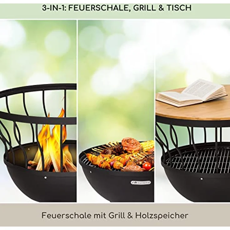 Blumfeldt Feuerschale Garten, 63 cm hohe Wetterfeste Feuerstelle mit Grillrost, Bambusdeckel und Grillring, aus robustem Stahl – Bild 2