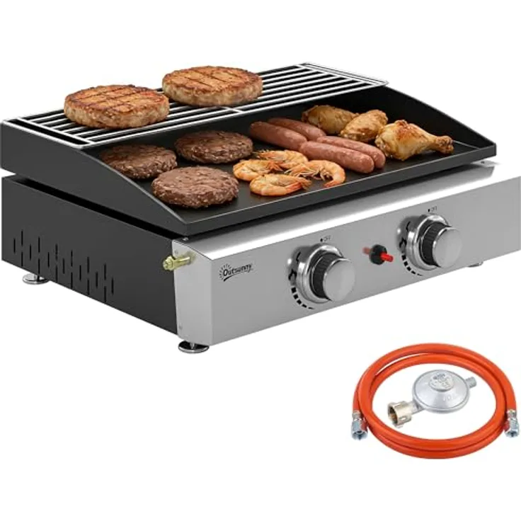 Outsunny Gasgrill 5 KW, tragbarer Tischgrill mit 2 Edelstahlbrennern, emaillierte Grillplatte, herausnehmbarer Fettauffangschale für Garten und Balkon