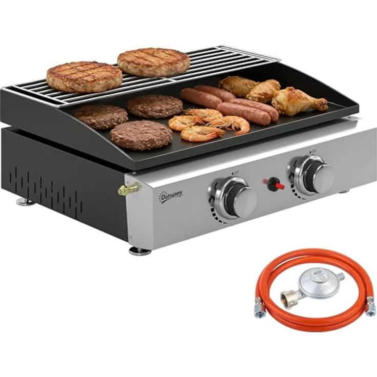 Outsunny Gasgrill 5 KW, tragbarer Tischgrill mit 2 Edelstahlbrennern, emaillierte Grillplatte, herausnehmbarer Fettauffangschale für Garten und Balkon – Bild 1