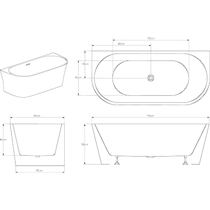 Bernstein NOVA CORNER Badewanne, freistehend, Acryl Weiß Matt, 170x78 cm, doppelwandig mit Pop-up-Ablauf – Bild 6