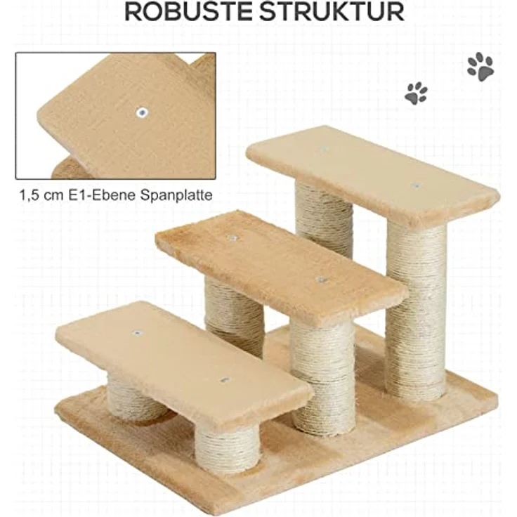 PawHut Tiertreppe Katzentreppe Hundetreppe 3 Stufen Treppe für Katze und Hunde Plüsch Creme 45 x 35 x 34 cm – Bild 5