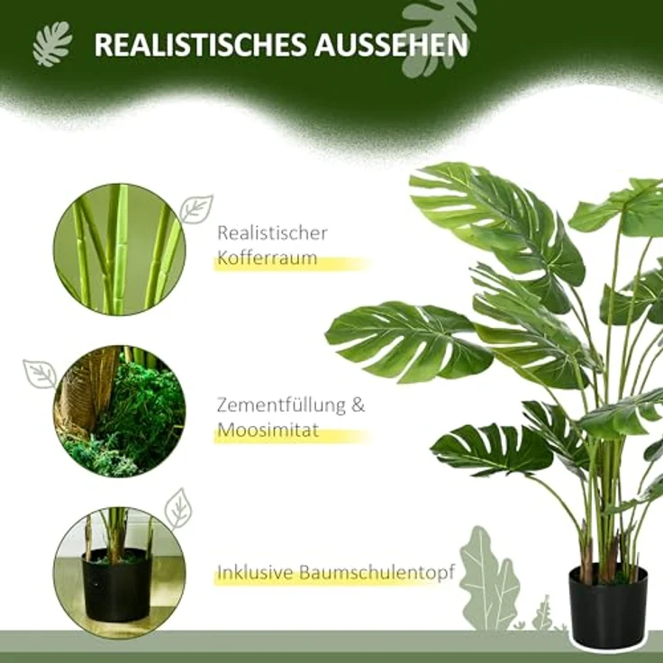 HOMCOM Künstliche Pflanze, 120 cm Kunstpflanze, Künstlich Monstera mit Übertopf, PE-Moos, Kunstbaum wie echt, Zimmerpflanze für Wohnzimmer, Grün – Bild 4