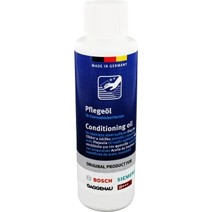 BSH Bosch Edelstahlpflege Öl Pflegeöl für Edelstahloberflächen 00311945 311945 100ml, für alle gängigen Marken, geeignet für Kühlschrank, Dunstabzugshaube, Mikrowelle, Backofen, Herd, blau