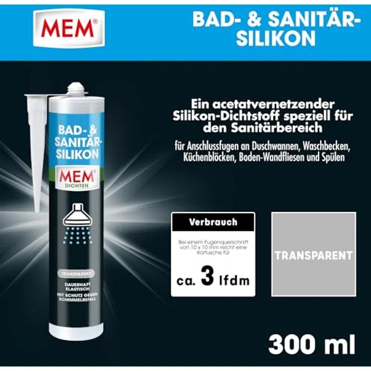 MEM Bad- & Sanitär-Silikon, Dauerhaft elastischer Silikon-Dichtstoff mit Schutz gegen Schimmelbefall, 300 ml Kartusche, Transparent – Bild 2