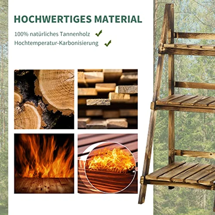Outsunny 3-Etagen Pflanzenständer, klappbarer Blumenständer aus verrotungsbeständigem Tannenholz, 93 cm hoch, dunkelbraun, für Innen und Außen – Bild 3