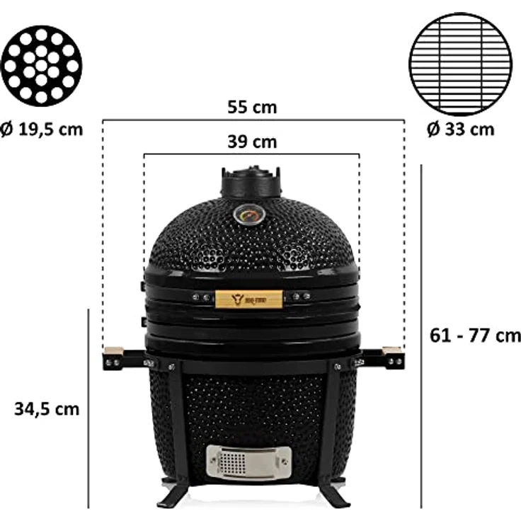 BBQ-Toro Kamado Grill | Holzkohlegrill Shiro Ø 39 cm mit Thermometer, Holzgriffe | Schwarz | Mini Holzkohlegrill, Ceramic Grill, Keramikgrill, Grill Ei, Grill Rund Holzkohle, Kamado BBQ – Bild 3