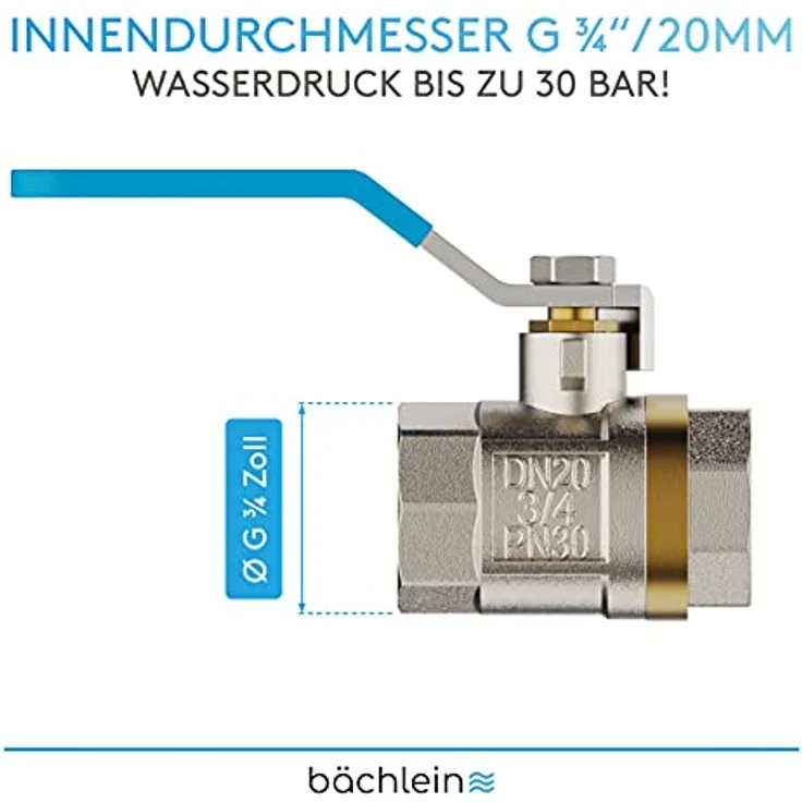 Bächlein Universal Kugelhahn – Kugelventil aus Messing mit Hebel-Griff und beidseitigem 3/4 Zoll Innengewinde – Absperrventil mit vollem Durchgang – Bild 3