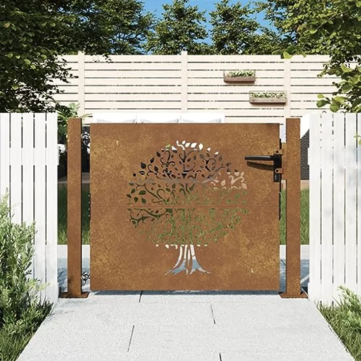 vidaXL Gartentor Gartentor 105x80 cm Cortenstahl Baum-Design Abschließbar Zauntor in Rostig – Bild 2