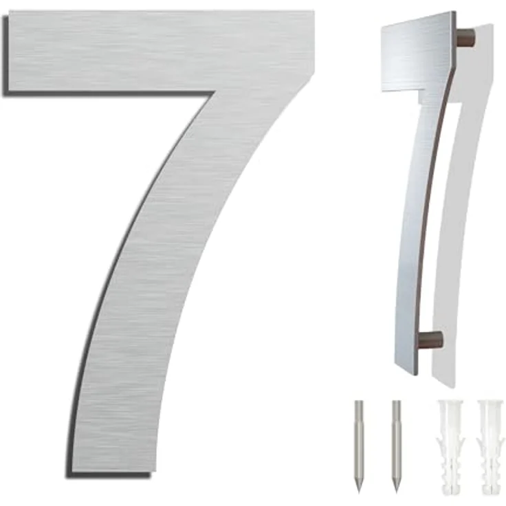 Ywonoby Edelstahl Hausnummer 203 mm, Wetterfest mit Metallic Mattes Silber Finish, Moderner Schwebender Look, Einfache Installation, Arial Ziffer 7 – Bild 1