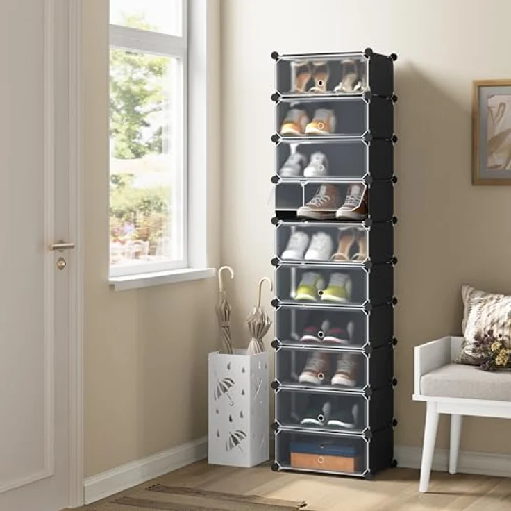 DIY Schuhschrank mit Tür, 10 Fächer aus Kunststoff schwarz – Bild 3