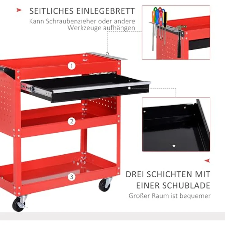 HOMCOM Werkzeugwagen Werkstatt-Rollwagen, 3 Ebenen, max. Traglast 60 kg, schwarz-rot, 82 x 35 x 76 cm – Bild 4