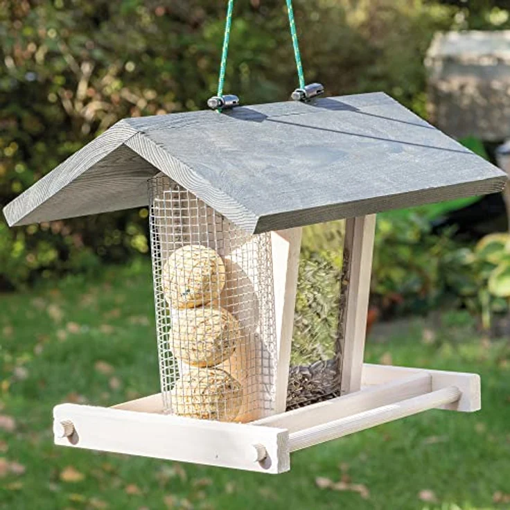 Zooprinz Vogelhaus "Bird Kitchen", Futterstation aus wetterfestem Vollholz mit Plexiglasscheiben, Schutzdach und Sitzstangen, in Weiß oder Naturbraun – Bild 1