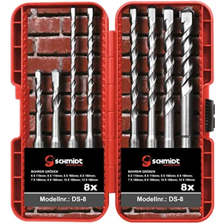 SCHMIDT security tools SDS-Plus Hammerbohrer-Set 8-teilig Ø 5-12 mm, präzise Bohrungen in Mauerwerk, Beton und Stein, inkl. Aufbewahrungsbox