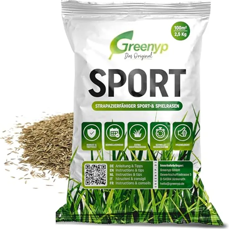 Greenyp® Sport Rasensamen, strapazierfähiger Sport- & Spielrasen, schnellkeimend, 2,5kg für 100m², robust und trittfest