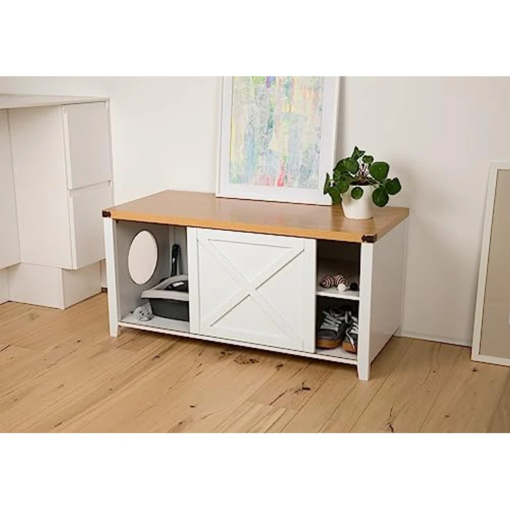 needs&wants® Katzenschrank groß für Katzentoilette XXL aus Holz mit Schuhschrank Sitzkommode, Katzenklo-Schrank Kommode, Design Katzenhaus Toilette Klo, 110 x 50 x 53 cm, weiß braun – Bild 5