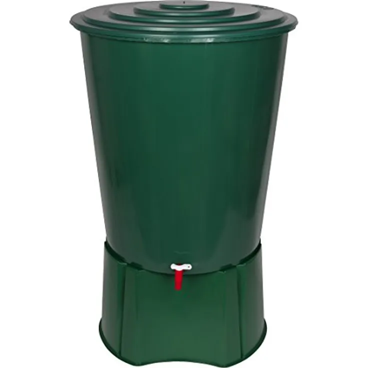 Kreher XL Regentonne 310 Liter aus Kunststoff in Grün, mit robustem Monoblock Stand, Wasserhahn und Deckel mit Sicherheitsverschluss