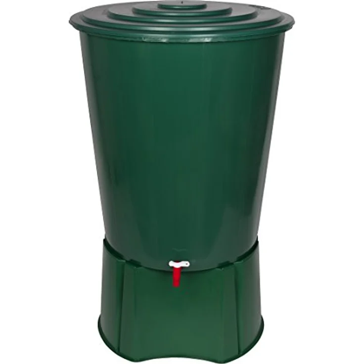 Kreher XL Regentonne 310 Liter aus Kunststoff in Grün, mit robustem Monoblock Stand, Wasserhahn und Deckel mit Sicherheitsverschluss – Bild 1