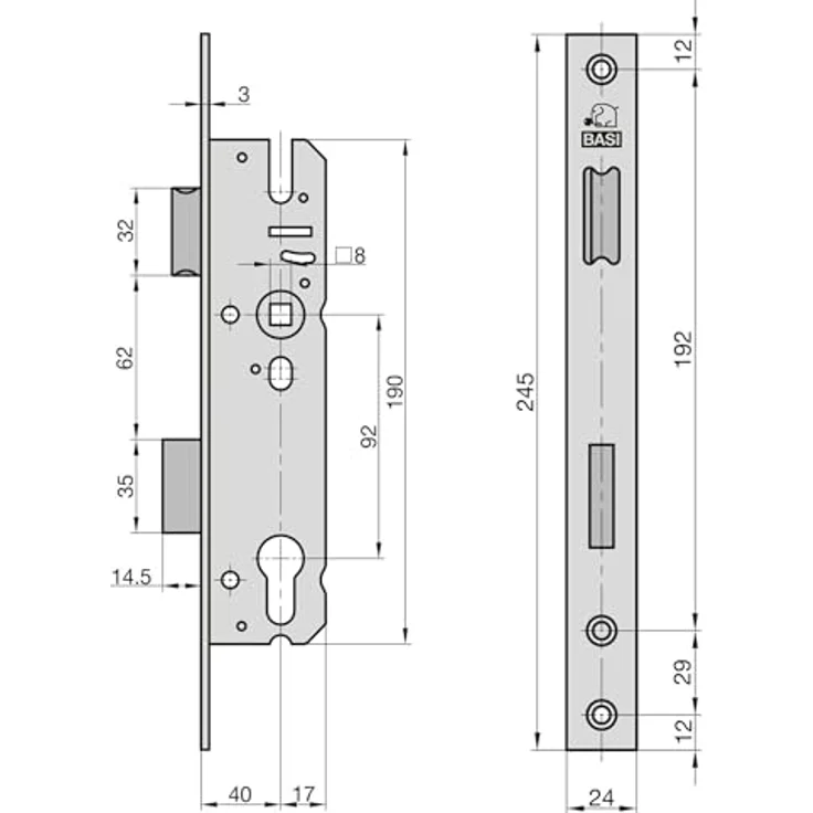 BASI - Einsteck-Rohrrahmenschloss - ES 958 - Lochung: PZW - Stulp 24 mm käntig - Dornmaß: 40 mm - 9585-4020 – Bild 3