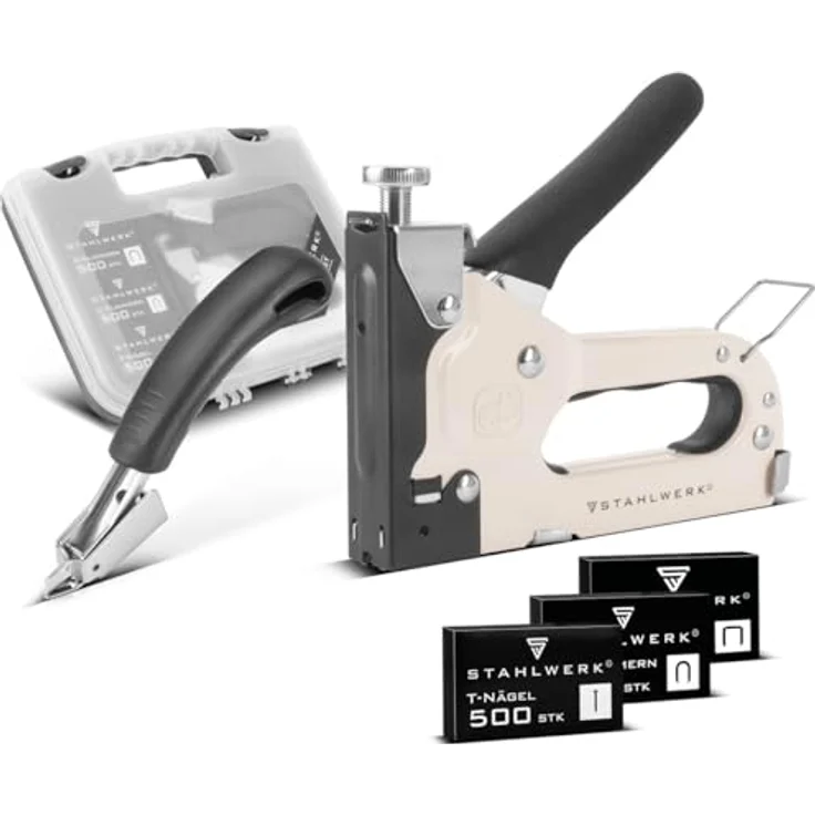 STAHLWERK Handtacker Set HTS-100 ST, inklusive Klammerentferner, 1500 Klammern (500 D-Klammern, 500 U-Klammern, 500 T-Nägel) für professionelle Anwendungen – Bild 1