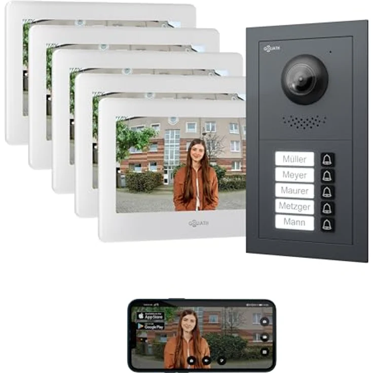 Goliath Intercom Basic-Line Video-Türsprechanlage, 7-Zoll HD Monitor, 2-Draht Technologie, App-fähig, Weiß/Schwarz, 5-Familienhaus – Bild 1