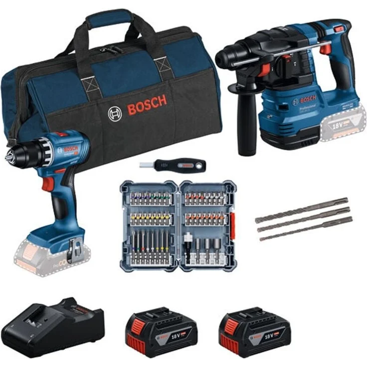 Bosch Professional Profi Set 2 x 18V: GSR 18V-45 Akkubohrschrauber + GBH 18V-22 Akku-Bohrhammer + 2 x Bit-Set + 2 x GBA 18V 4.0 Ah Akku + GAL 18V-40 Ladegerät