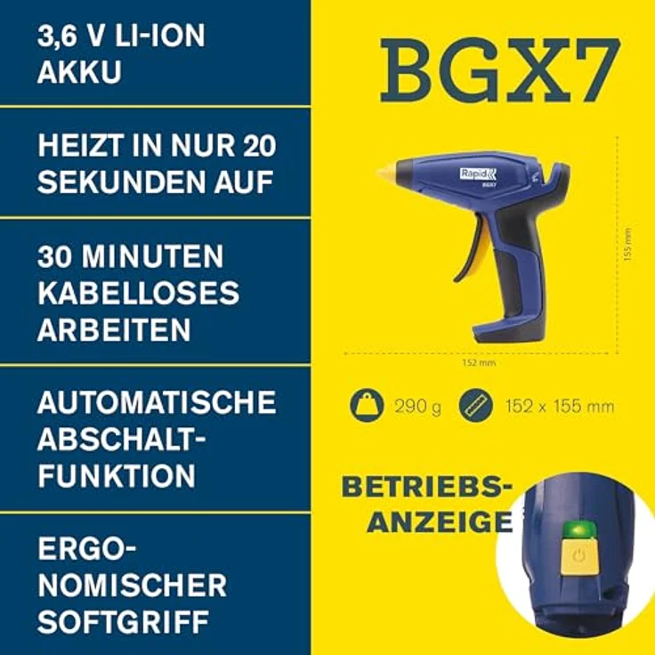 Rapid BGX7 Akku-Heißklebepistole, 7mm, 20 Sek Aufheizzeit, 3.6V Li-Ion Akku mit 30 Minuten Laufzeit, ergonomischer Softgriff – Bild 2