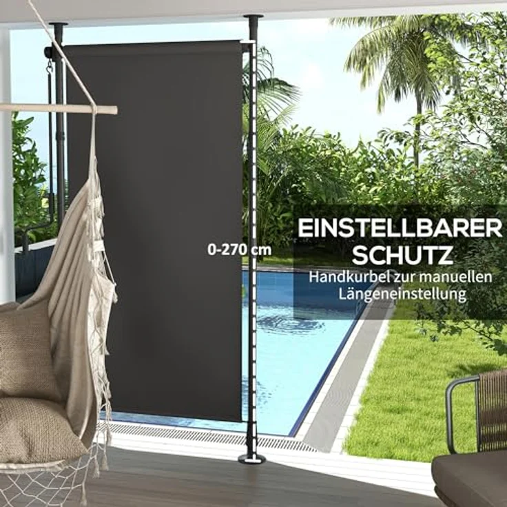 Outsunny Senkrechtmarkise mit Sonnenschutz, Balkonrollo 120 x 220-310cm Balkonsichtschutz mit Kurbel, Wetterfest Sichtschutz für Garten, Polyester, Dunkelgrau – Bild 4