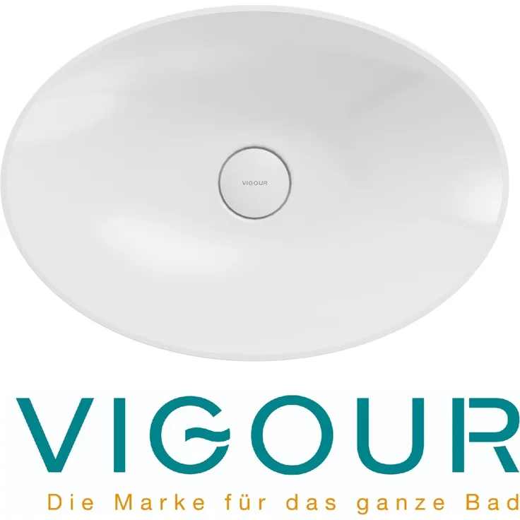 VIGOUR Individual 3.0 Aufsatzschale oval 60 x 42 cm aus Mineralguss mit SolidPlus Beschichtung, weiß matt, pflegeleicht ohne Hahnloch und Überlauf