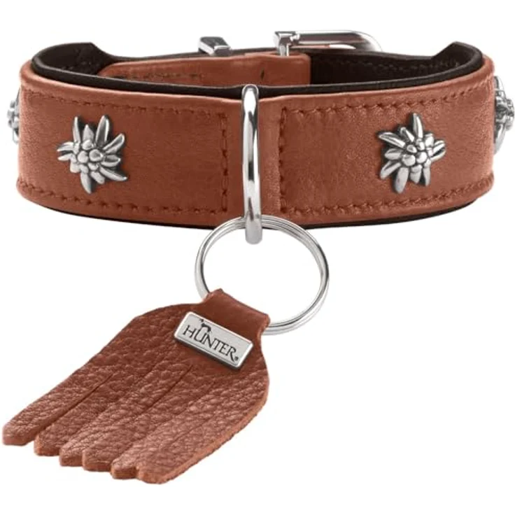 HUNTER Hundehalsband MÜNCHEN Farbe: Cognac/schwarz, Leder, Trachten-Details, fellschonend, Made in Germany, Größe: 32 – Bild 1