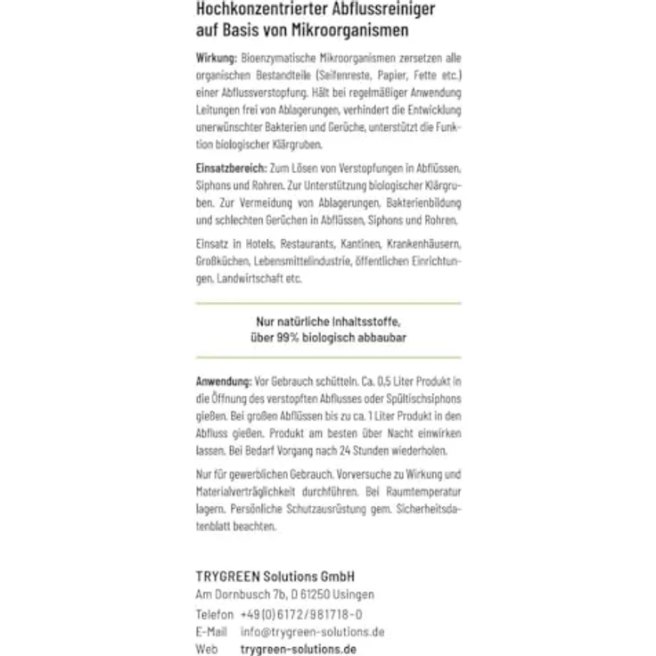 TRYGREEN Bio Rohrfrei Extrem - Abflussreiniger mit Enzymen - 99% biologisch abbaubar - Öko Rohrreiniger - Gegen Verstopfungen & Gerüche - 1 Liter – Bild 3
