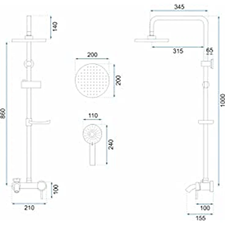 Rea Duschsystem LUIS Gold, Duschset mit Duscharmatur und 20x20 cm Regendusche aus Messing, Oberflächenmontiert, Schlauchlänge 150 cm – Bild 3