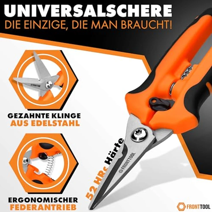 FRONTTOOL Universalschere mit Abisolierfunktion, Edelstahl, ergonomischer 2-Komponenten-Griff, rostfreie gezahnte Klinge – Bild 2