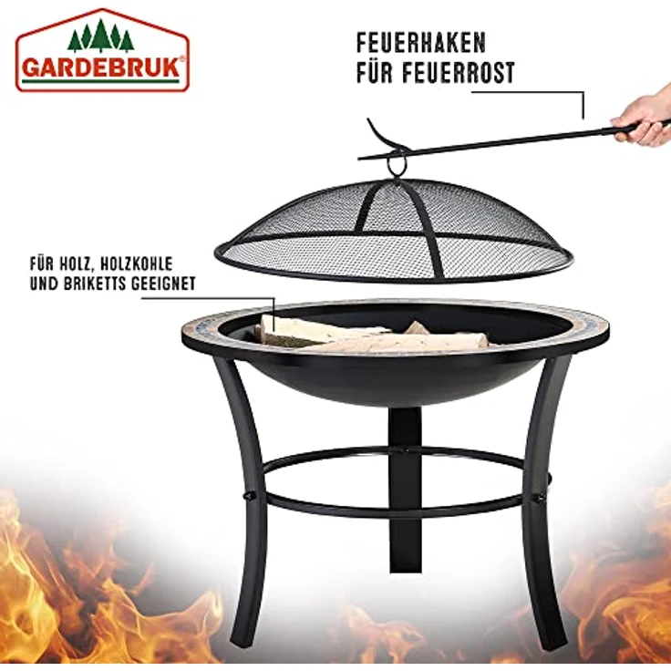Deuba Feuerstelle Mosaik Fuego rund 76cm Feuerrost Funkenfluggitter Abdeckung Feuerschale Feuerkorb Steinoptik – Bild 5